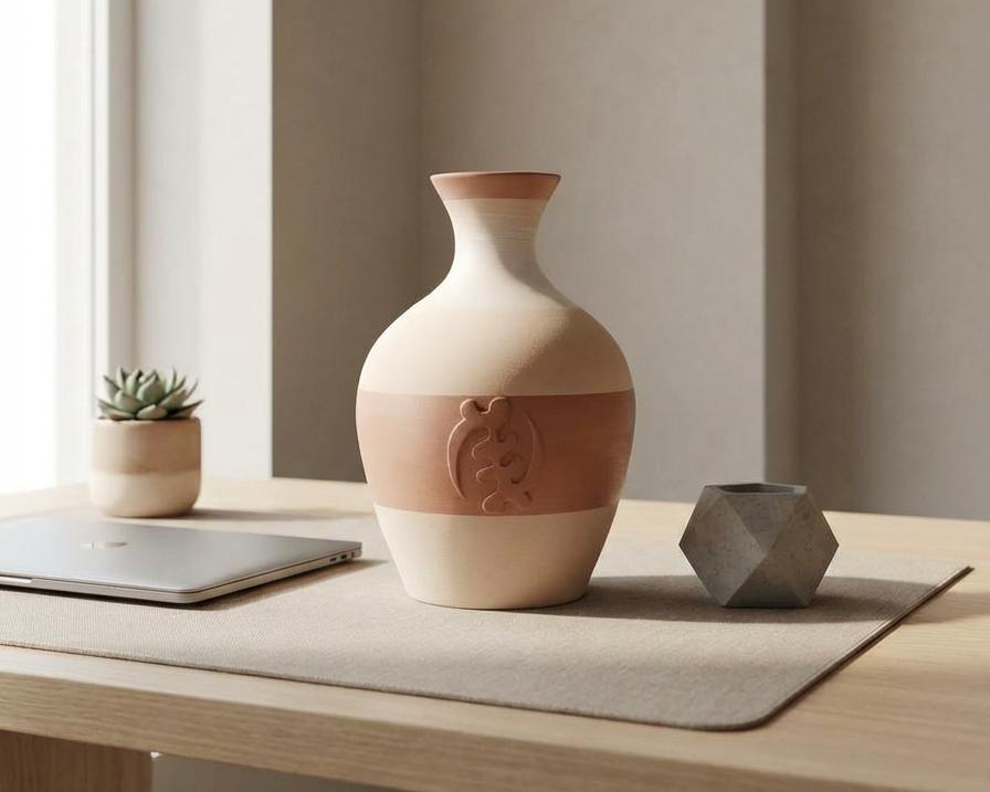 Wooden vase on a wooden table with a minimalistic background