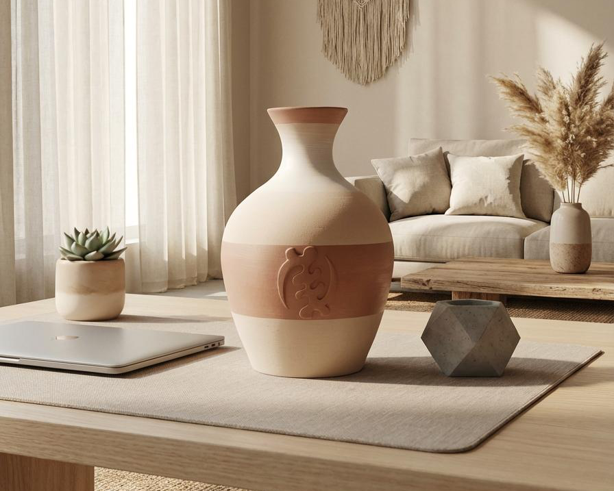 Decorative vase on a wooden table with a cozy living room in the background