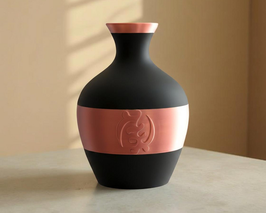 Black and copper vase with a logo on a beige surface and background