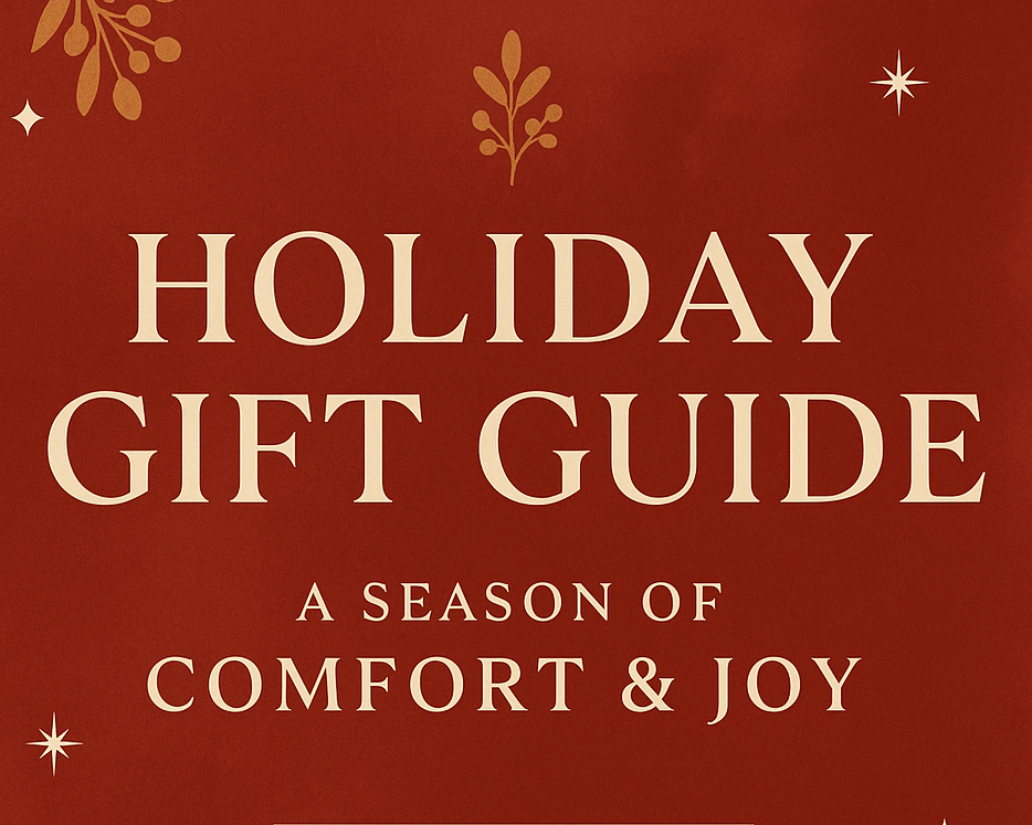 Holiday gift guide poster with decorative elements on a red background