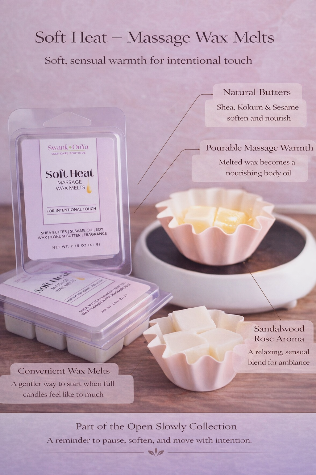 Soft Heat massage wax melts packaging with wax melts and a bowl on a wooden surface.