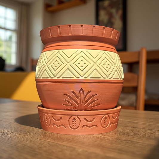 Decorative terracotta pot with geometric patterns on a wooden table.