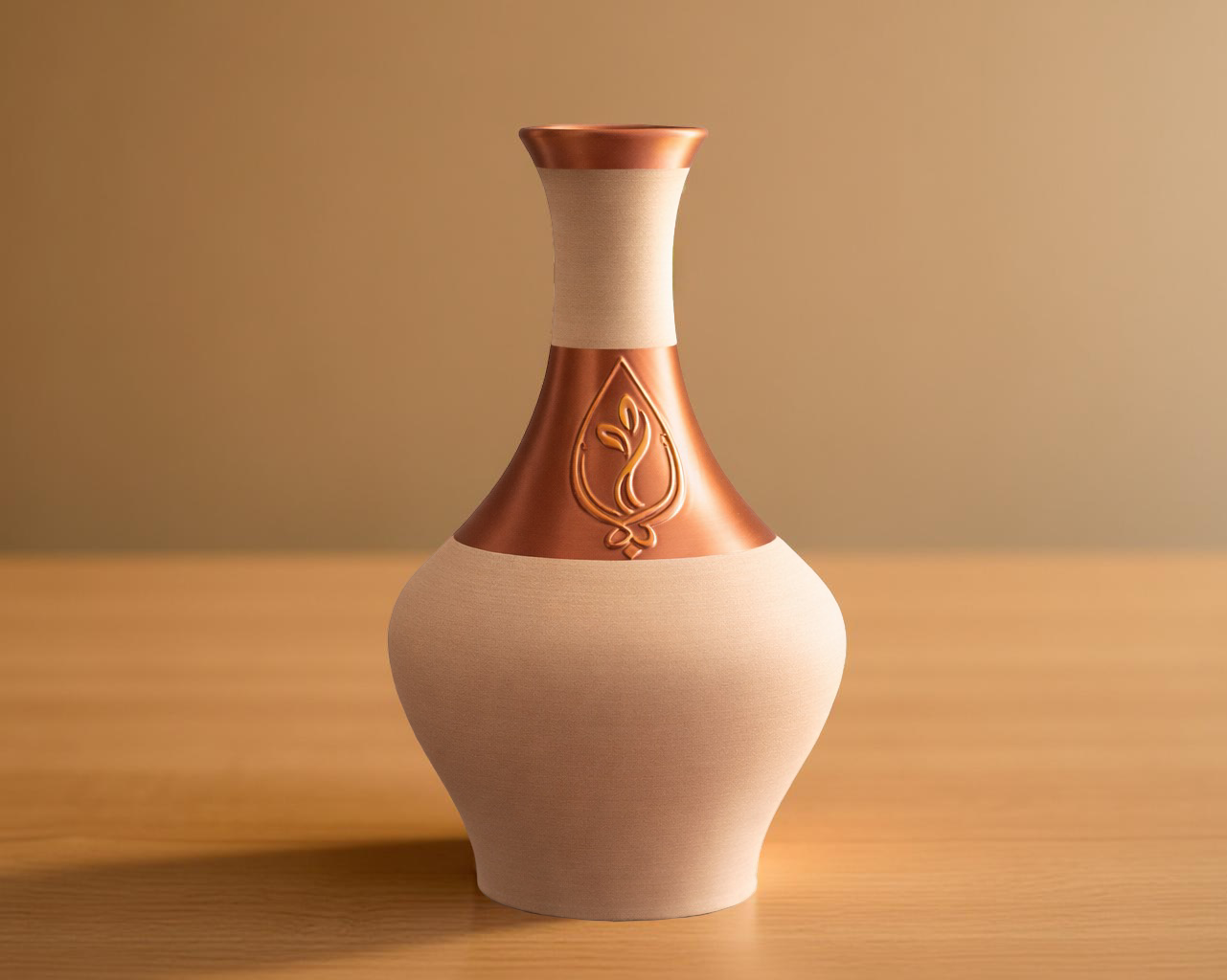 Vase with a decorative design on a wooden surface and beige background