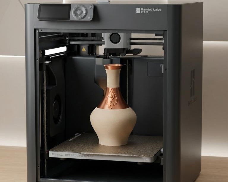 3D printer in operation with a vase model on a light wood surface.