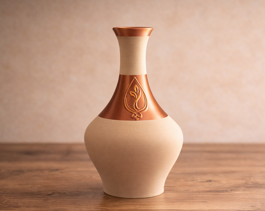 Beige and bronze vase on a wooden surface with a beige background