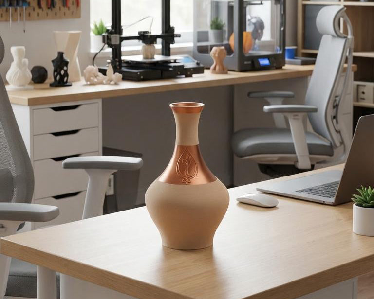 Modern office space with desks, chairs, and a 3D printer.