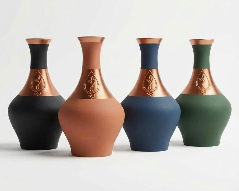 Four vases in black, brown, blue, and green on a white background