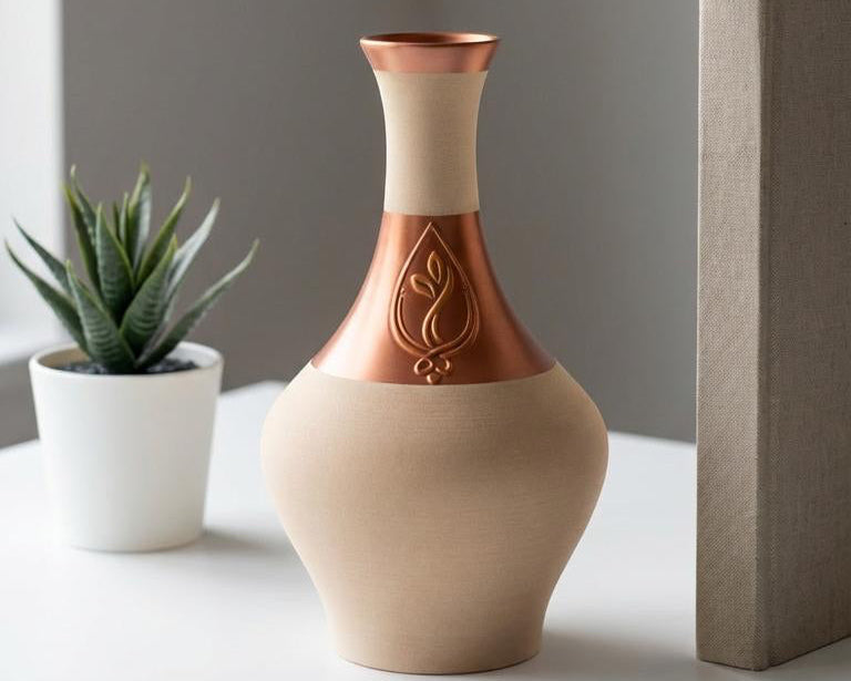 Beige vase with copper accents on a white surface against a gray wall